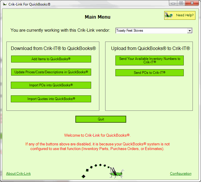 Crik-Link main menu
