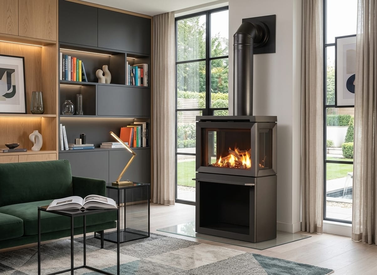 Jøtul gas stove in a modern living room, sold to dealers through a Crik-IT enabled portal