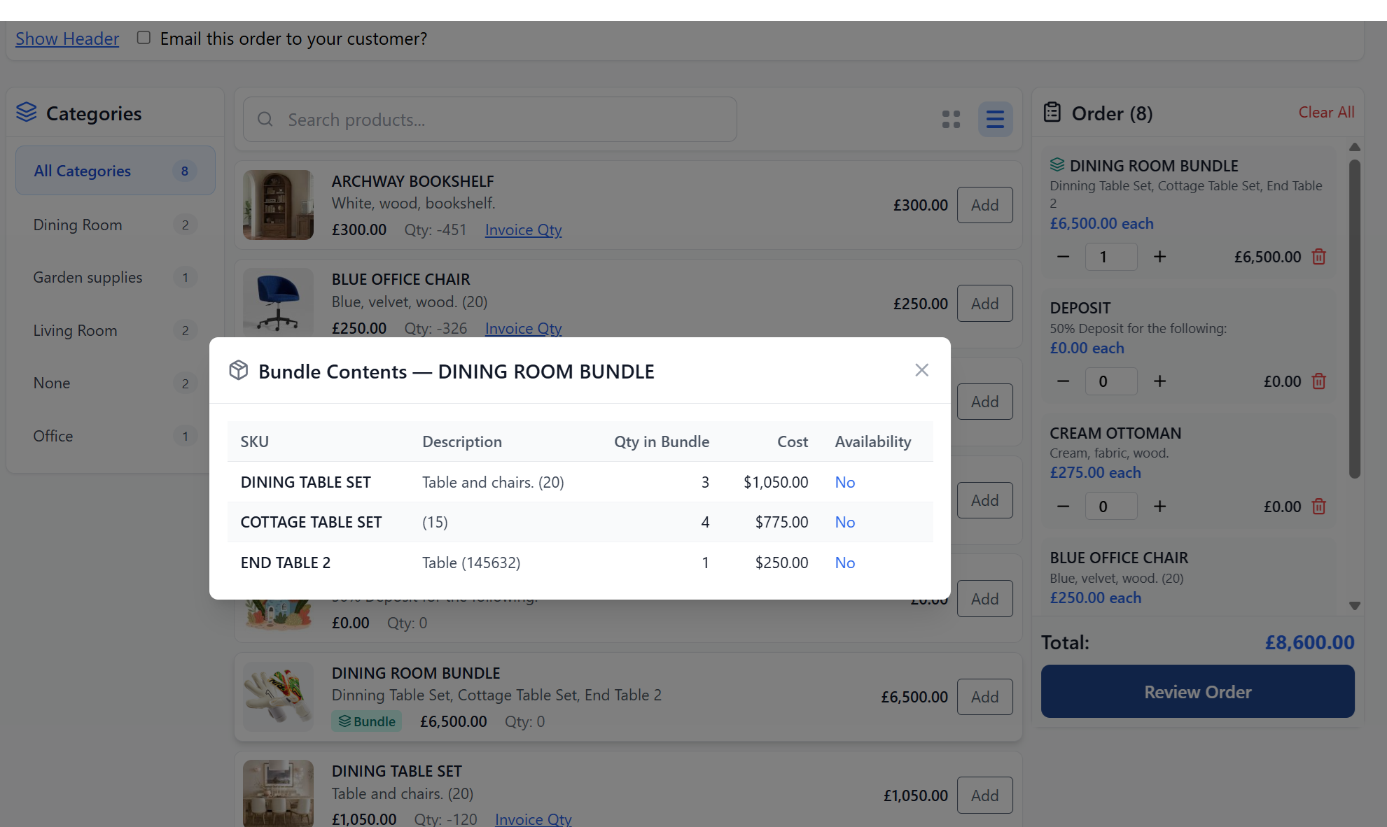 CrikSales order entry with a bundle open to show its components, cost and availability