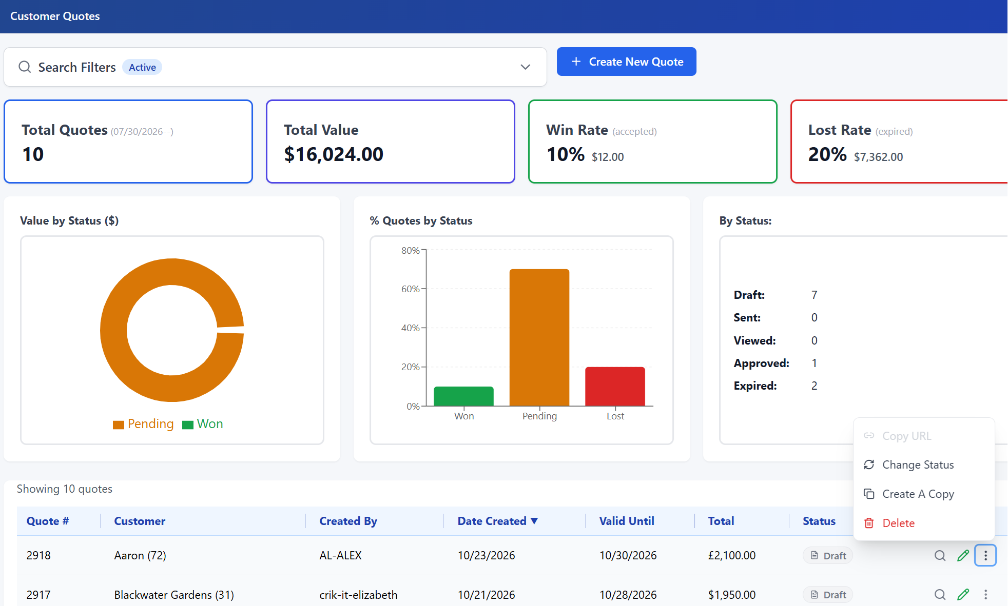 CrikSales quote management screen