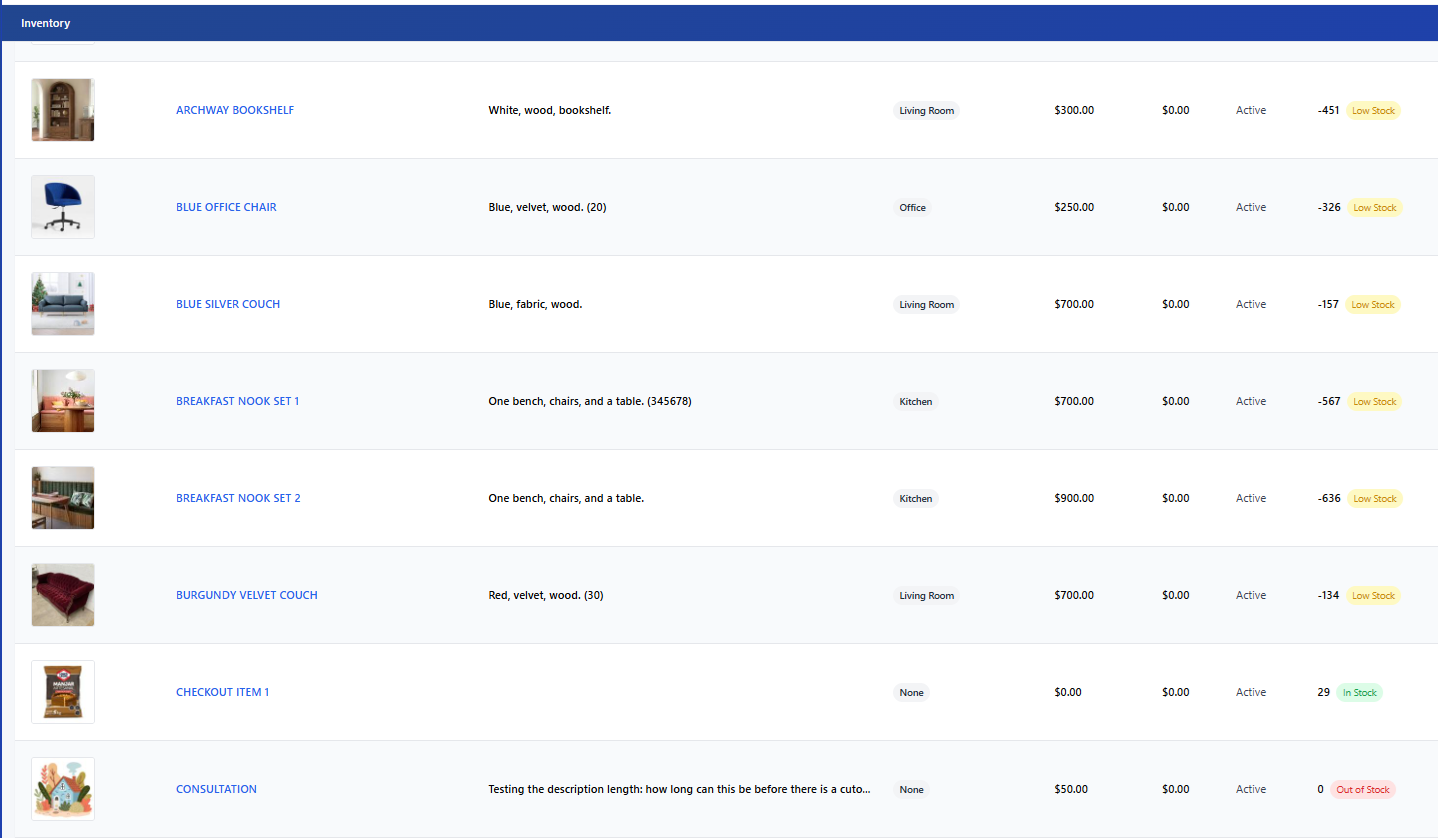 CrikSales inventory management screen showing stock availability