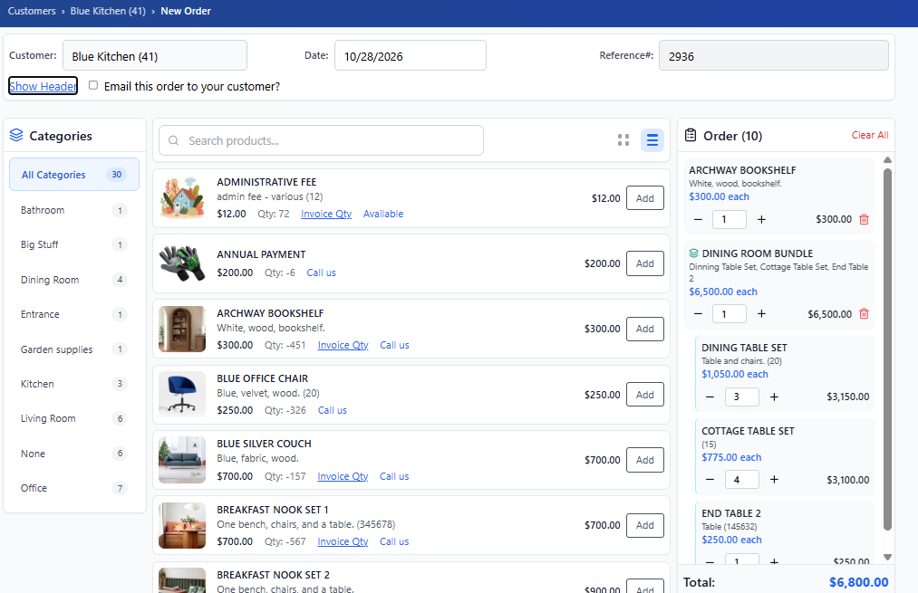 CrikSales order entry screen with product list and order summary