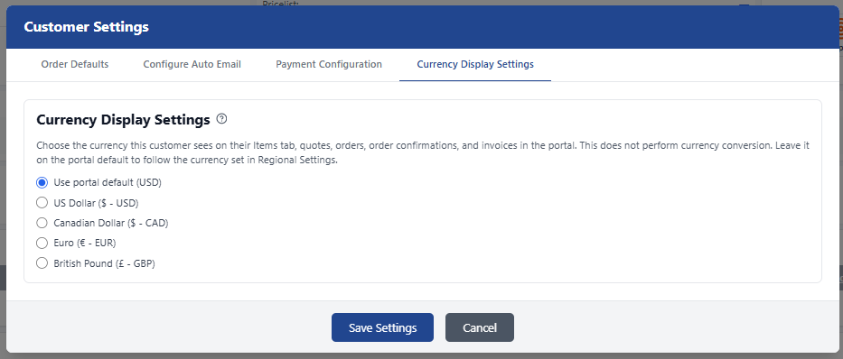 CrikSales customer settings for order defaults, auto email, payment configuration and currency