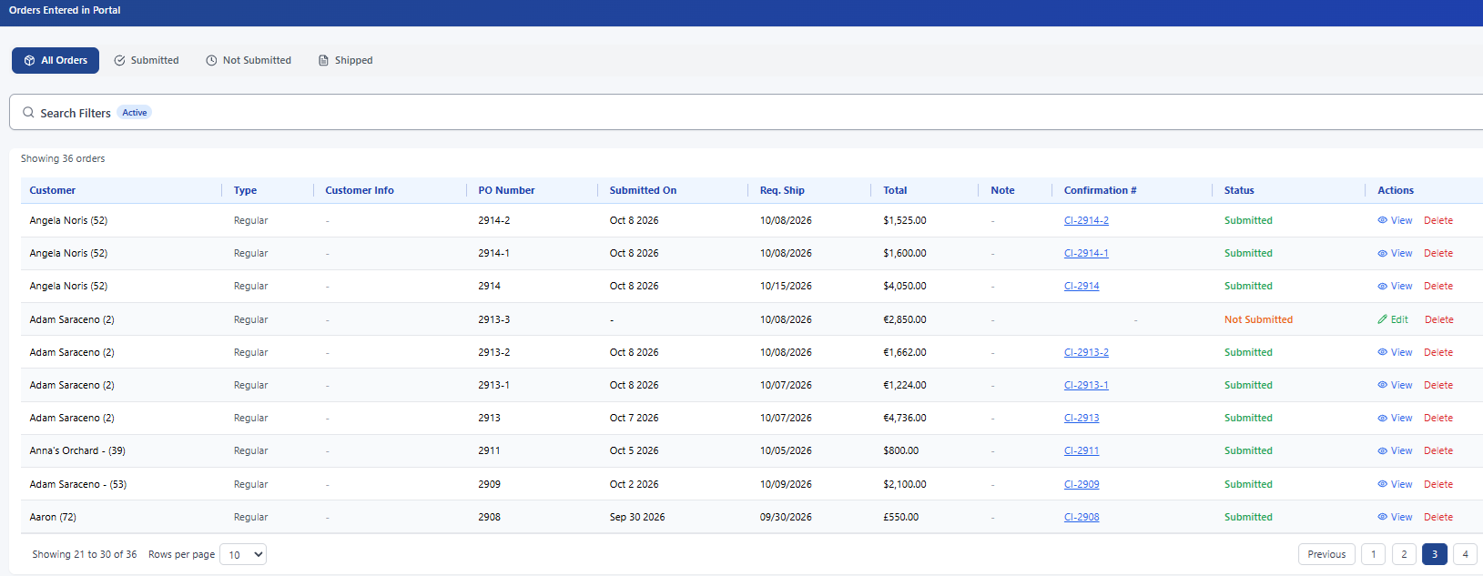 CrikSales B2B portal list of customer orders with PO number, status and confirmation number