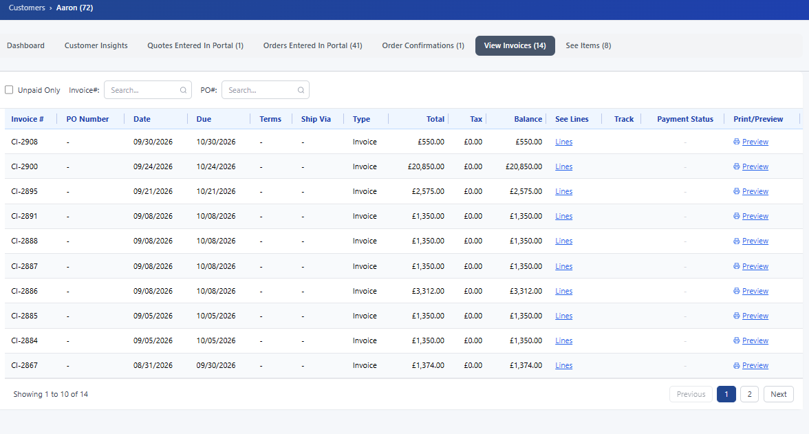 CrikSales customer invoice list in the B2B portal